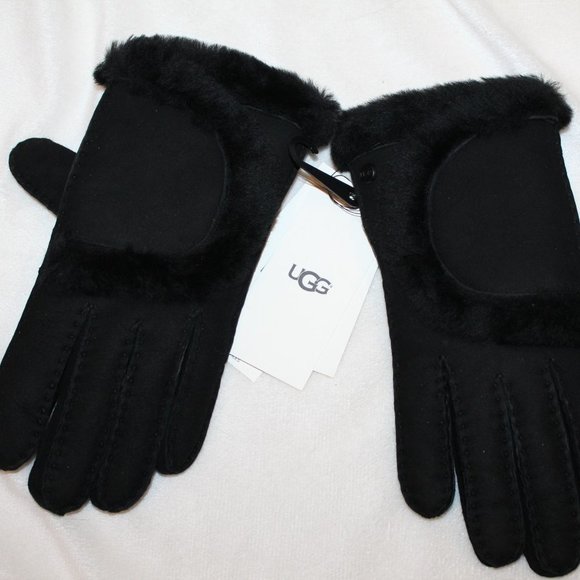 NWT UGG WOMEN'S SPILL SEAM TECH ENABLED SUEDE SHEARLING GLOVES BLACK - Picture 2 of 6